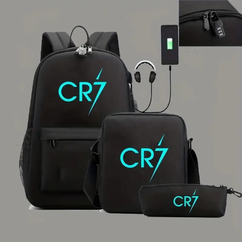 Sports Casual CR7 Backpacks 3pcs Simple Lightweight Capacity Teens Laptop School Bags Women Men Travel USB An-ti Lock Mochilas