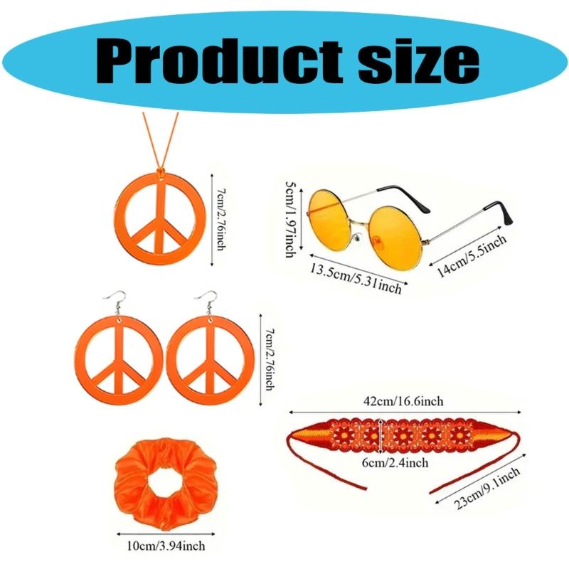 1970er Hippie Schmuck Accessoires Gestricktes Stirnband Halskette Ohrring Haargummi Brille für Damen 70er 60er Mottoparty