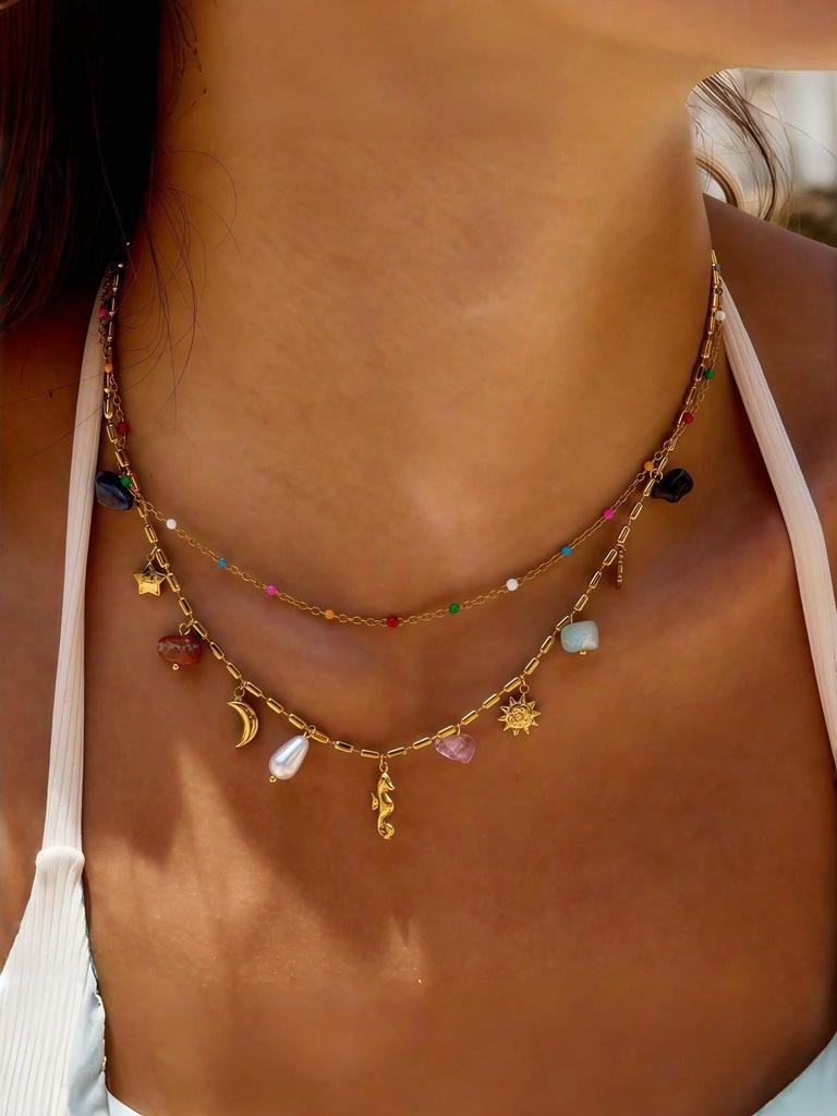 1pc Multi-Layer Colorful Necklace, Seahorse, Starfish, Heart Design, Sun Pendant, Elegant Bohemian Style Necklace, Jewelry Gift For Women