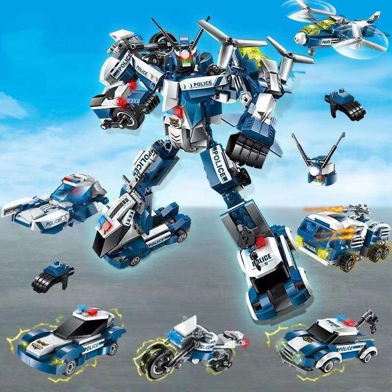 577PCS Transforming Robot Mecha Building Blocks 6 In 1 City Police Vehicle Assembly DIY Toys Bricks Children Christmas Gift No Box