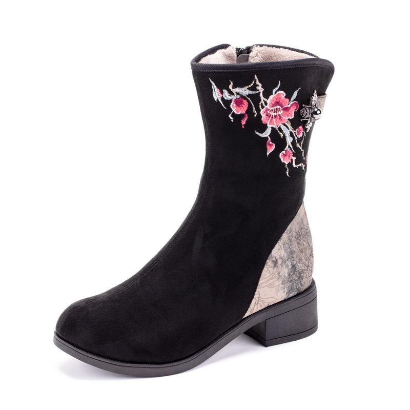 Women's Winter Snow Boots With Side Zipper Warm Non-Slip Low Chunky Block Heel Embroidered Ankle Booties Faux Fur Lined Walking Boots Shoes for Women