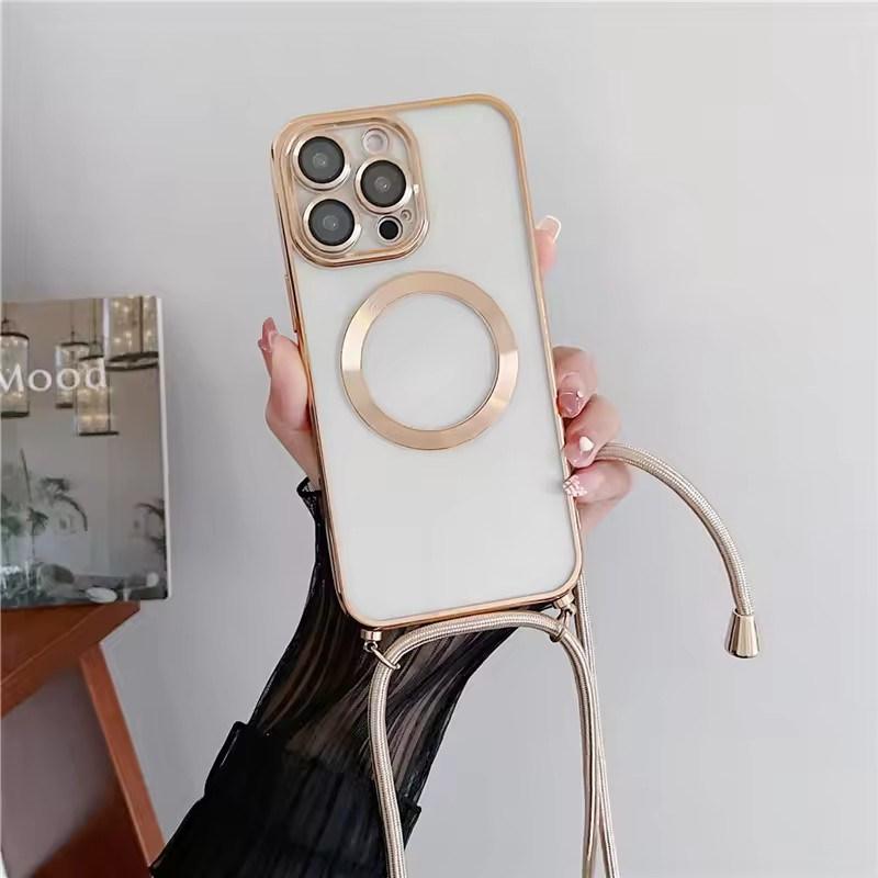 

Прозрачные магнитные чехлы с покрытием для беспроводной зарядки MagSafe для iPhone 17 Air 16 15 14 13 12 11 Pro Max Plus с ремешком-шнурком на шею iPhone 11 Pro Max золотой