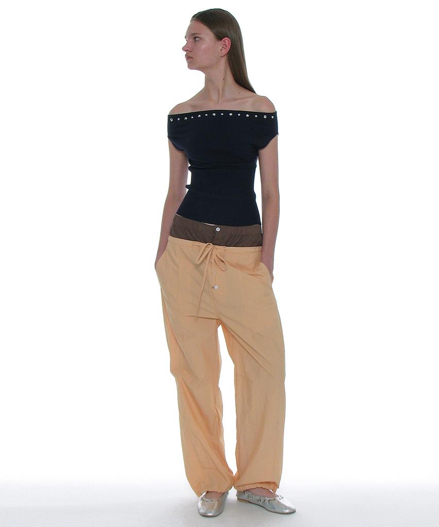 PARTIMENTO WOMEN Studded Off-Shoulder Knit Top_Navy