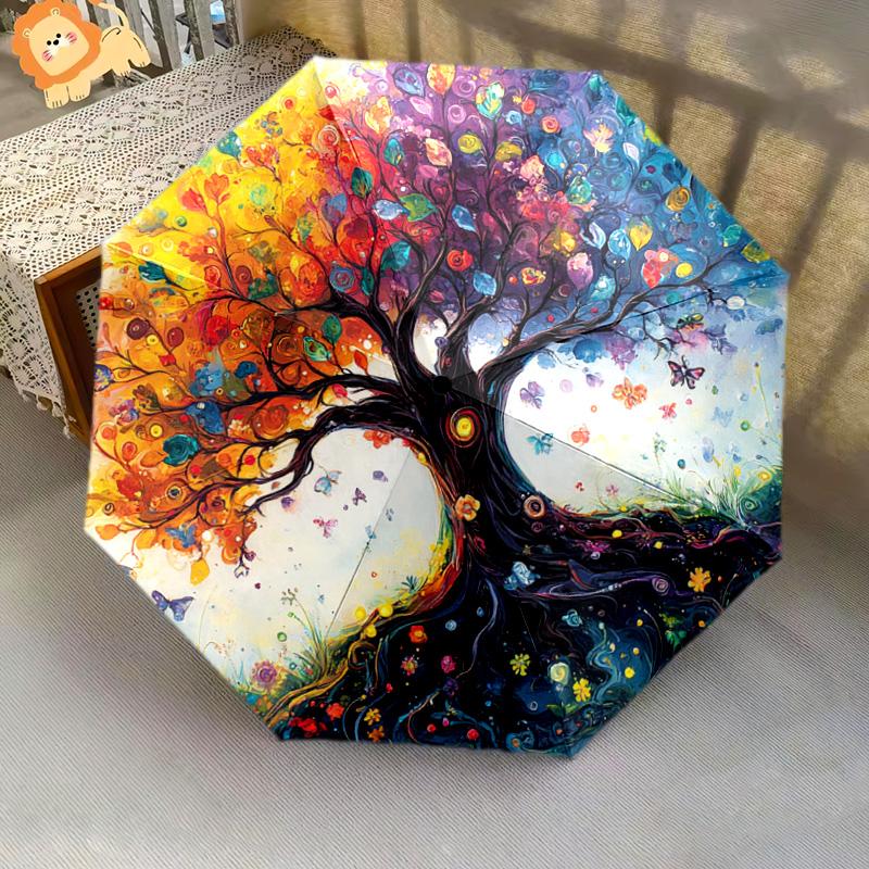 1 PC Automatic Folding Umbrella - Colorful Tree Pattern, Portable & Foldable Design with 8 Ribs, Christmas Birthday Gifts