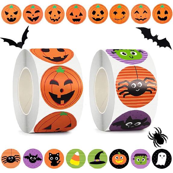 Halloween Stickers for Kids, 1000 Pcs Byhoo Halloween Pumpkin Bat Spider Stickers Roll, 16 Vibrant Colors and Designs, Round Seal Label Stickers,