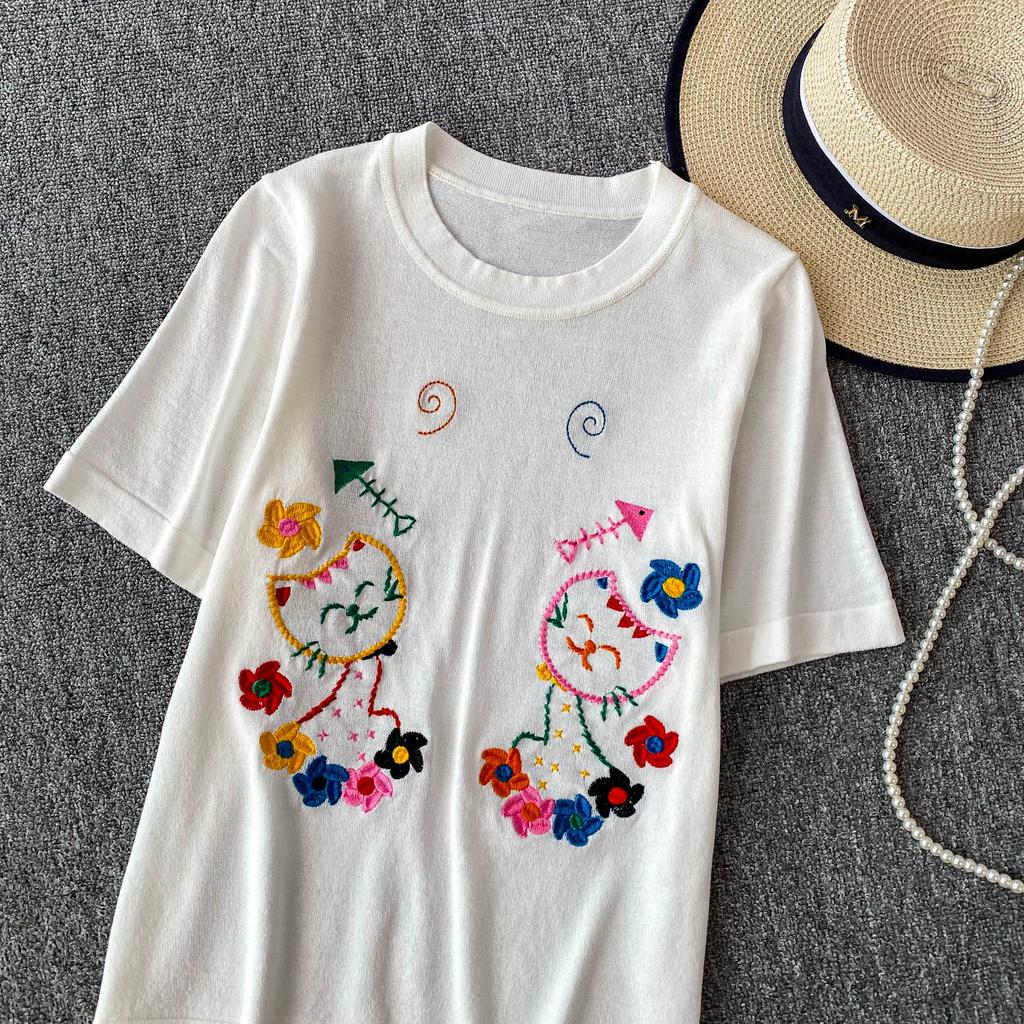 Summer Women College Sweet Cat Embroidery Knitted Sweater Pullover Tops For Girl