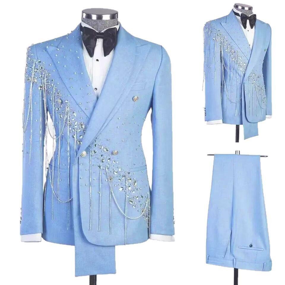 

Современные мужские свадебные костюмы с пиковым лацканом, однобортные смокинги, хрустальная цепочка, костюм для жениха на вечеринку, 2 предмета: пиджак, брюки L алмаз