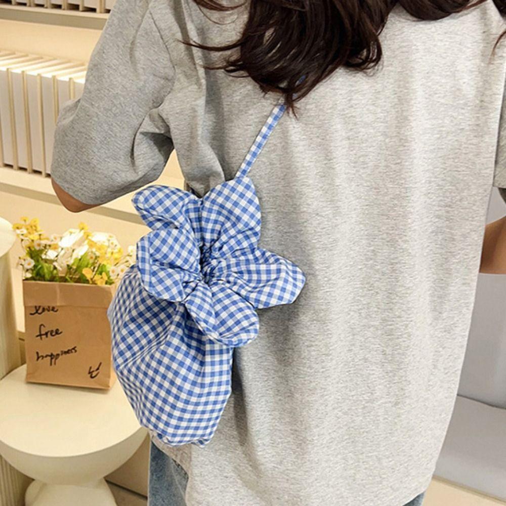 Cute Plaid Flower Crossbody Bag Portable Ins Shoulder Bag Casual Flower Drawstring Bag  Travel