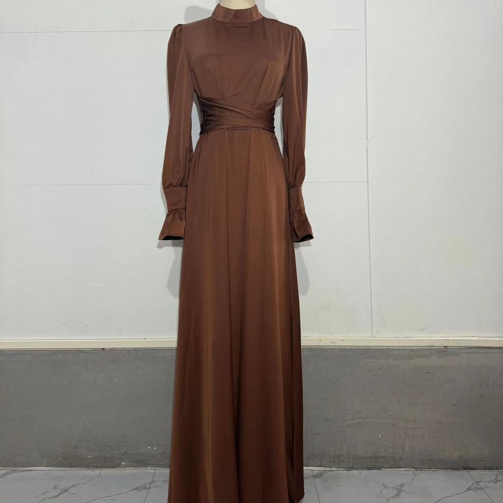 GMXIA Spring Autumn Fall Satin Long Sleeve Half Turtleneck Elegant Women's Waist Dress