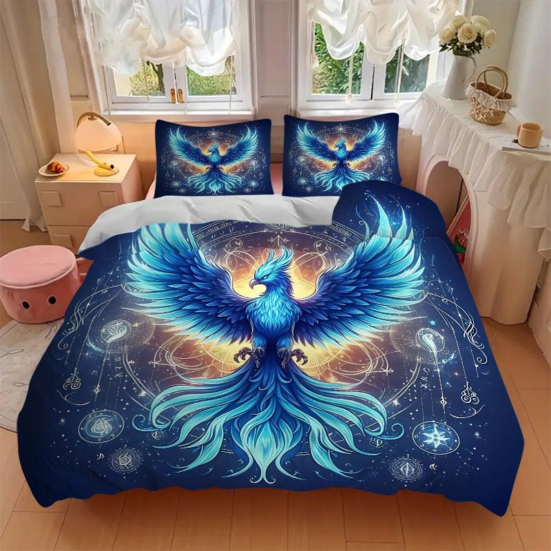 3pcs Blue Phoenix Rising Bedding Set - Includes Quilt Cover and Pillowcases, Suitable for All Seasons, Machine Washable - Ideal Gift for Fam