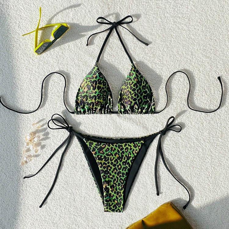 Women’s Leopard Print Bikini Swimsuit, Sexy Halter Backless Tankini Bathing Suit Two-Piece Tie Side Swimwear