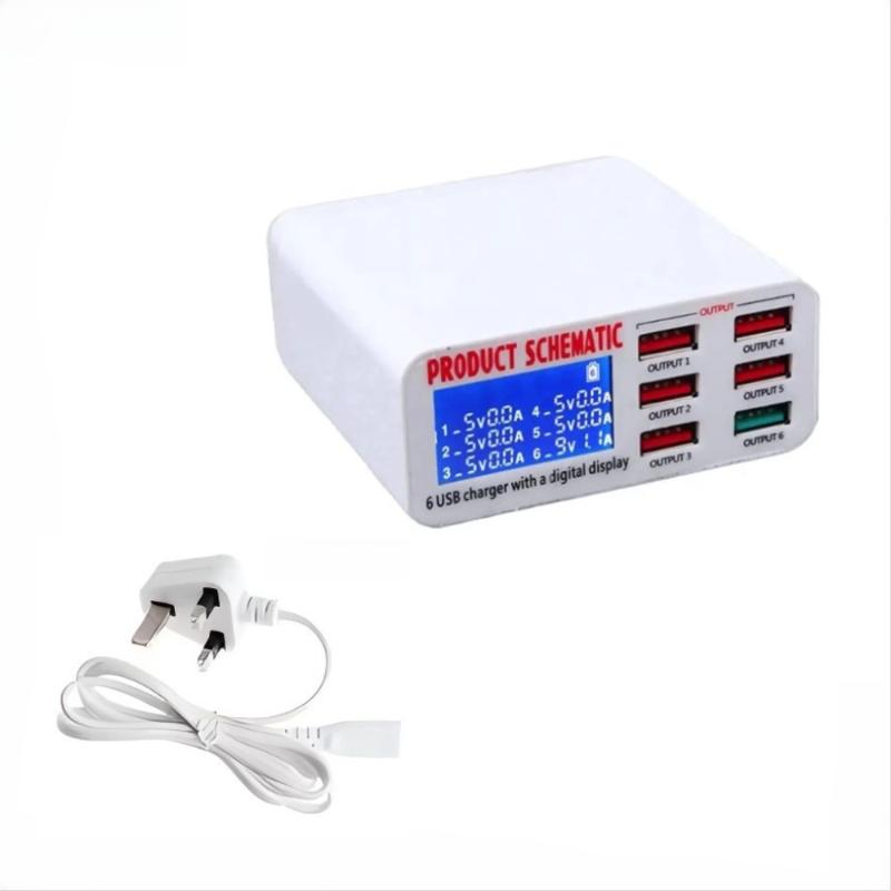 

8A QC3.0 USB Charger with LCD Display, 6 Ports Desktop Mobile Phone Charger, Smart Fast Charging for Smartphones & Tablets UK білий
