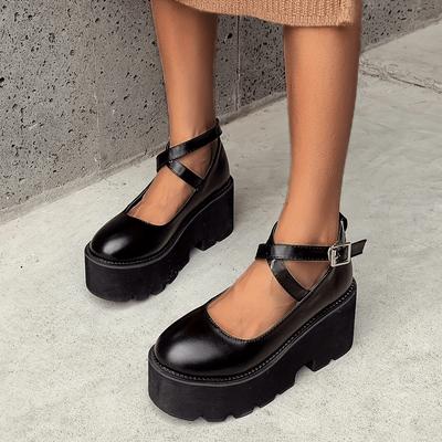 Gdgydh College Student Shoes Girl LOLITA Shoes Uniform Platform Heels Ankle Buckle Strap Womens Pumps Cosplay Mary Janes