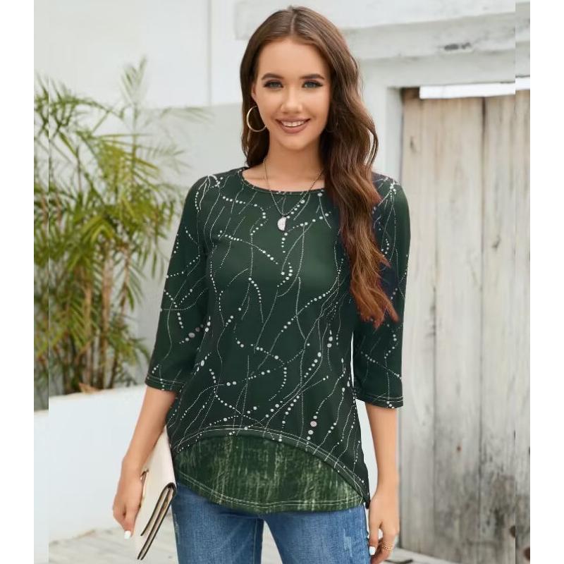 2024 Frühling und Herbst Neue Mode Rundhals Dreiviertelärmel Digital bedrucktes T-Shirt für Damen