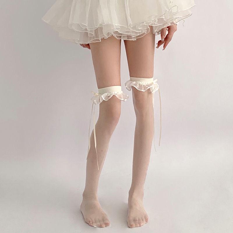 Women's Summer Lace Trim Over-the-Knee Black Stockings - Sexy Slim JK Calf Socks