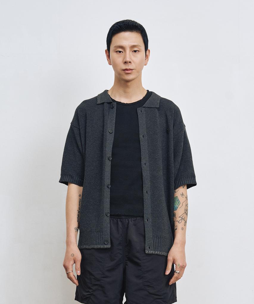 Lmr Stitch Point Collar Half Knit Cardigan Charcoal