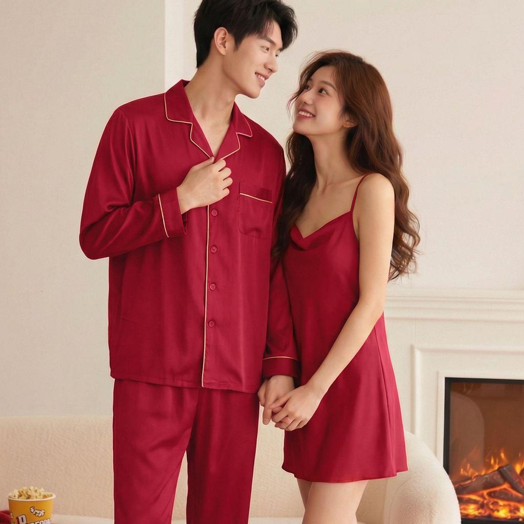 Red Zodiac Year Silk Wedding Pajamas & Robe Set for Bride and Groom