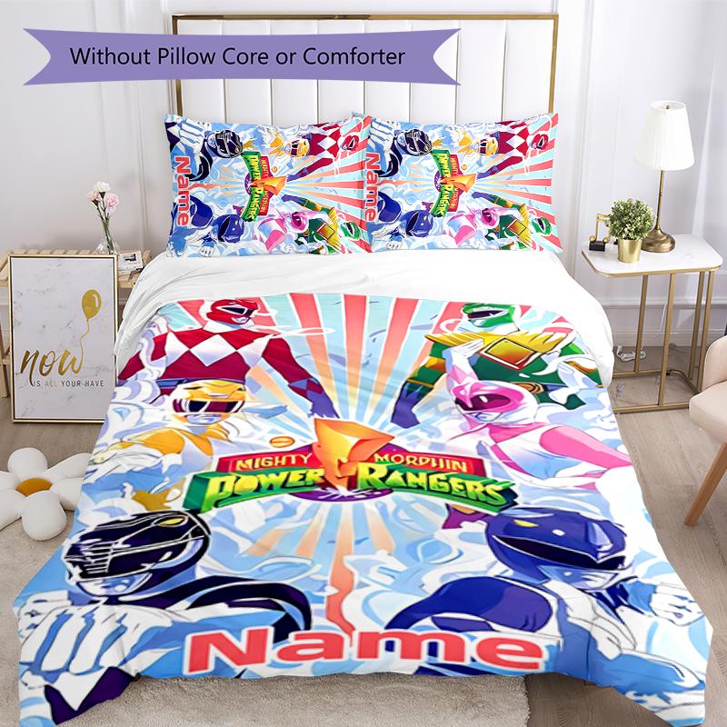 Ensemble de literie 3 pièces Nom personnalisé Dessin animé Mighty Morphin Power Rangers Housse de couette Fermeture Comprend 1 housse de couette et 2 taies d'oreiller Pour toutes les saisons Chambre D