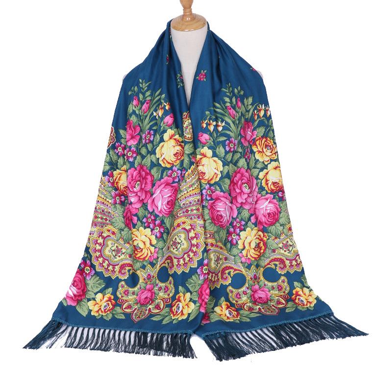 Scarf Women Flower Shawl Autumn And Winter Foulard Warmth Vintage Tassel Hijab Warp Printed Headscarf Bandana