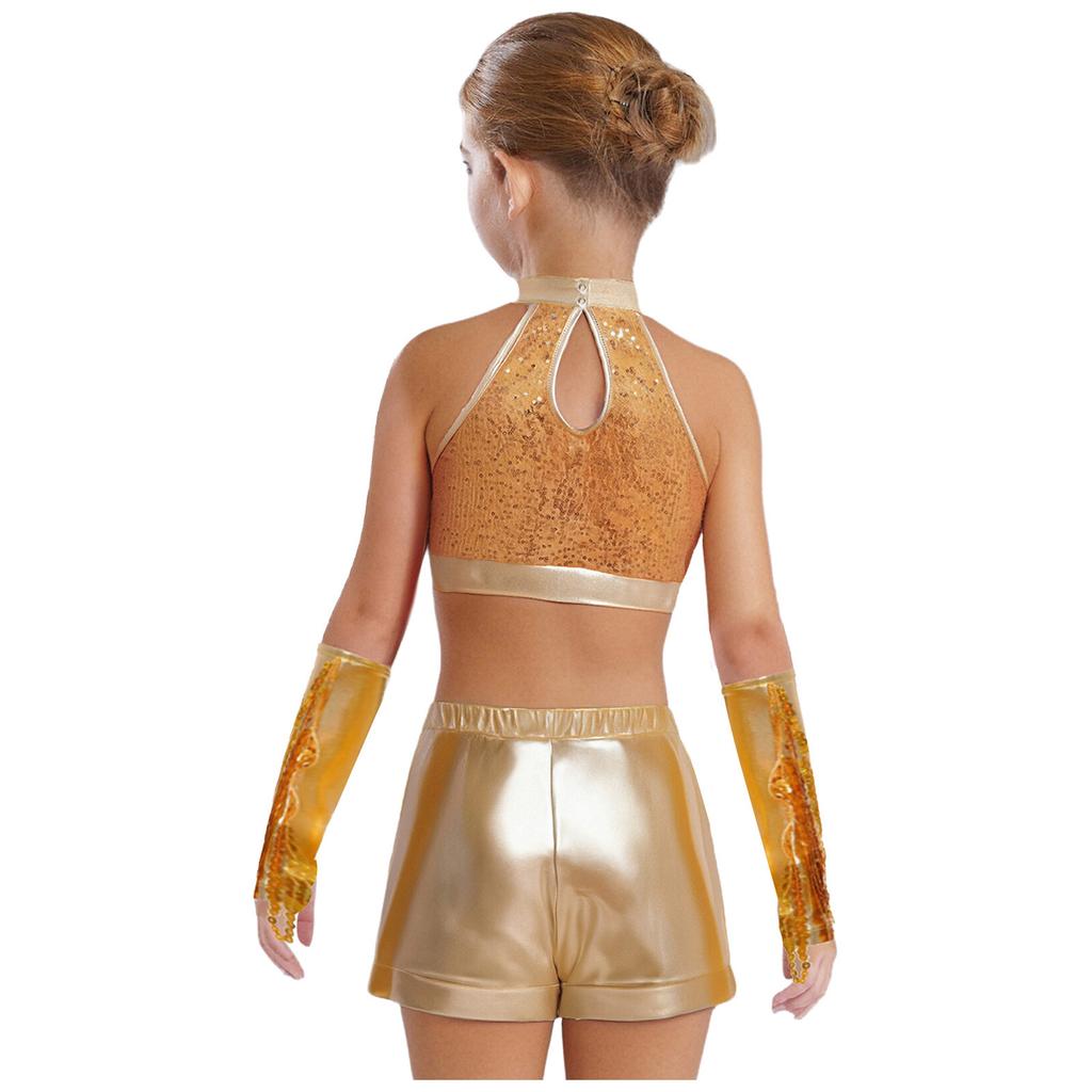 Mädchen Ärmelloses Glitzerndes Pailletten Tanz Crop Top Schlüsselloch Rücken Design Passende Shorts Quasten Metallic Handschuhe Set