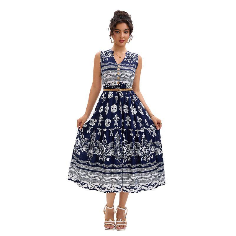

Fashion Style Women s Clothing Summer New Arrival Print Sleeveless Dress Elegant Slim Fit Waist-Controlled Slimming Long Skirt Belt Navy S