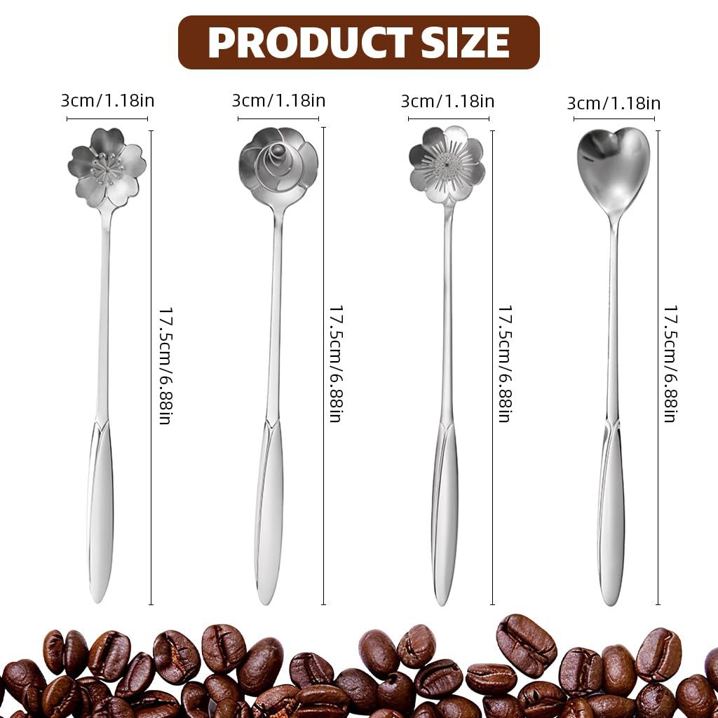 4 Pcs Silver Stainless Steel Coffee Spoon Set, 18cm Gold Flower Design, Multipurpose Tableware Tea, Desserts, and Gifting