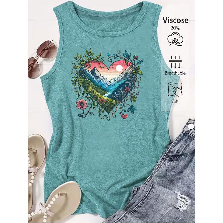 Elegant Vest for Women Heart-shaped mountain view print casual loose summer vest Fashionable and elegant tops for commuting, vacation, and everyday