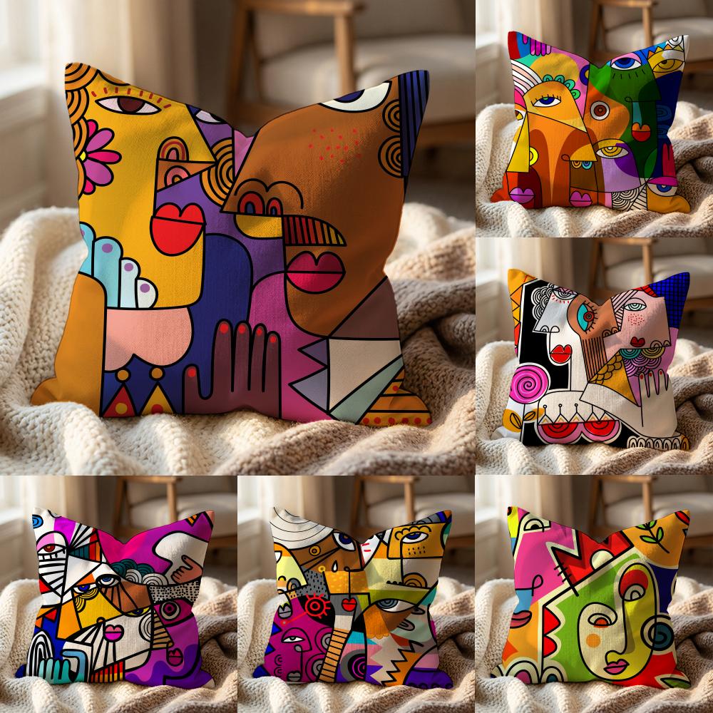 Colorful Abstract Faces Cushion Cover Multi-Scene Pillow Cover for Home & Car - Reversible, Soft & Durable for Daily Use