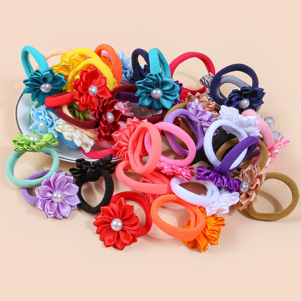 10pcs Flower Hair Ties Kids Girls Hair Bands Elastic Nylon Headband Pearl Floarl Ponytail Holder Hair Accessory for Girls