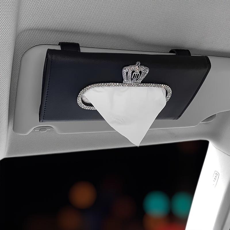 Bling Rhinestone Crown Sun Visor Tissue Box Cover, Hanging Car Tissue Holder Made of Faux Leather, Creative High-End Automotive Accessories.