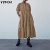 VONDA Summer Women's Ruffled Long Dress Puff Short Sleeve Button Down Solid Color Casual Loose Maxi Dresses Plus Size