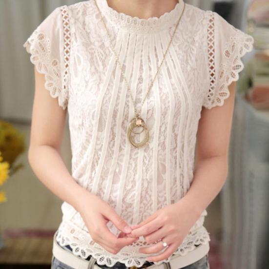 Plus Size Women Fashion Lace Crochet Short Sleeve Round Neck Blouse Shirt Top