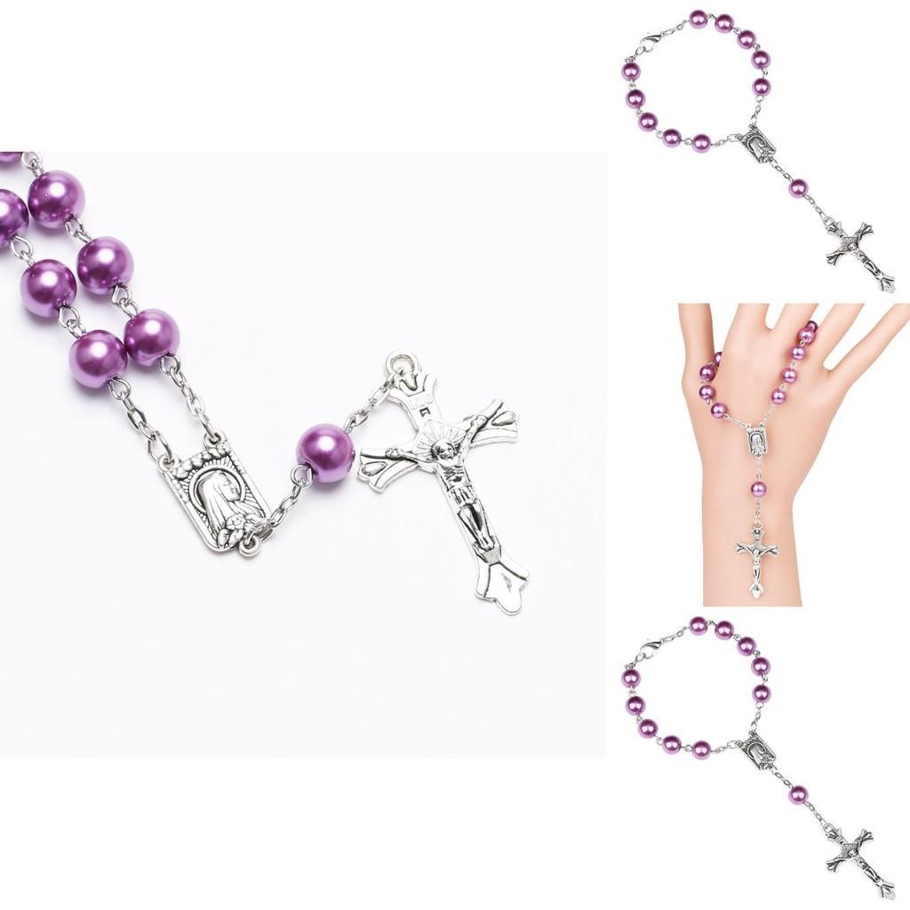 Purple Glass Pearl Rosary Bracelet With Cross Pendant Religious Jewelry