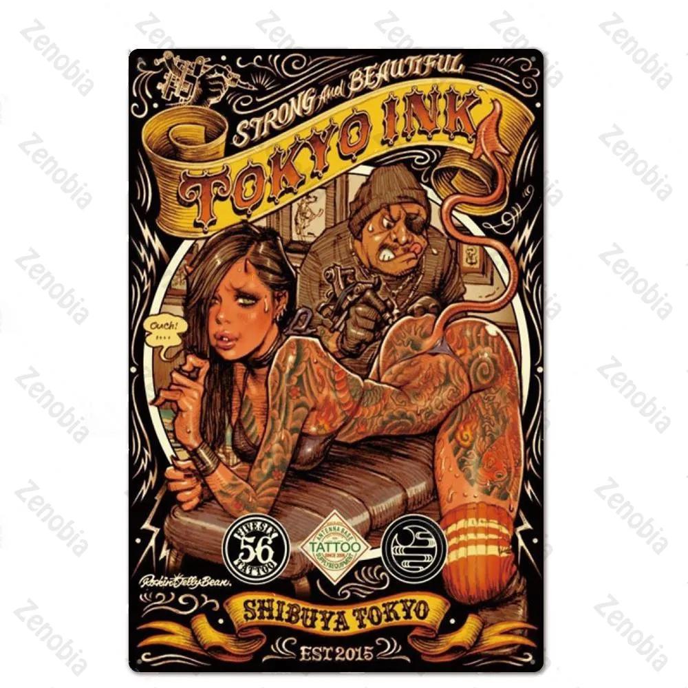 Affiche Métal Tatouage Plaque Métal Décor Boutique de Tatouage Plaque Décorative en Fer Décoration Murale Plaque en Étain Shabby Chic