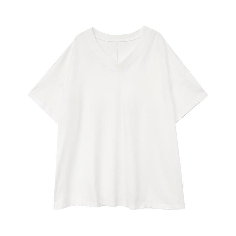 Big V-neck Korean Version Oversize Medium and Long Short-sleeved T-shirt Women's Summer Lower Clothes Missing Loose Casual Versatile Top