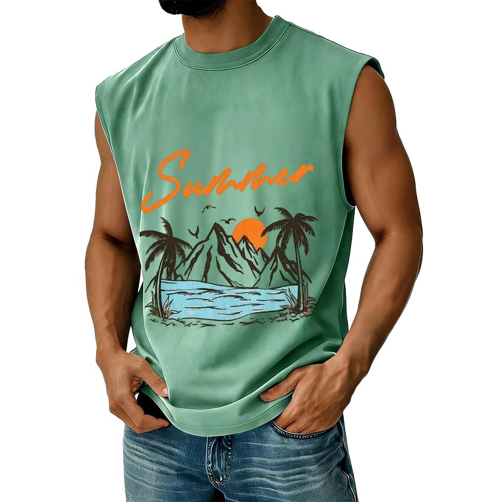 Men's Sleeveless Casual Athletic Vest Summer Graphic Print Muscle Tank Top Outdoor Gym Workout Shirt Beachwear