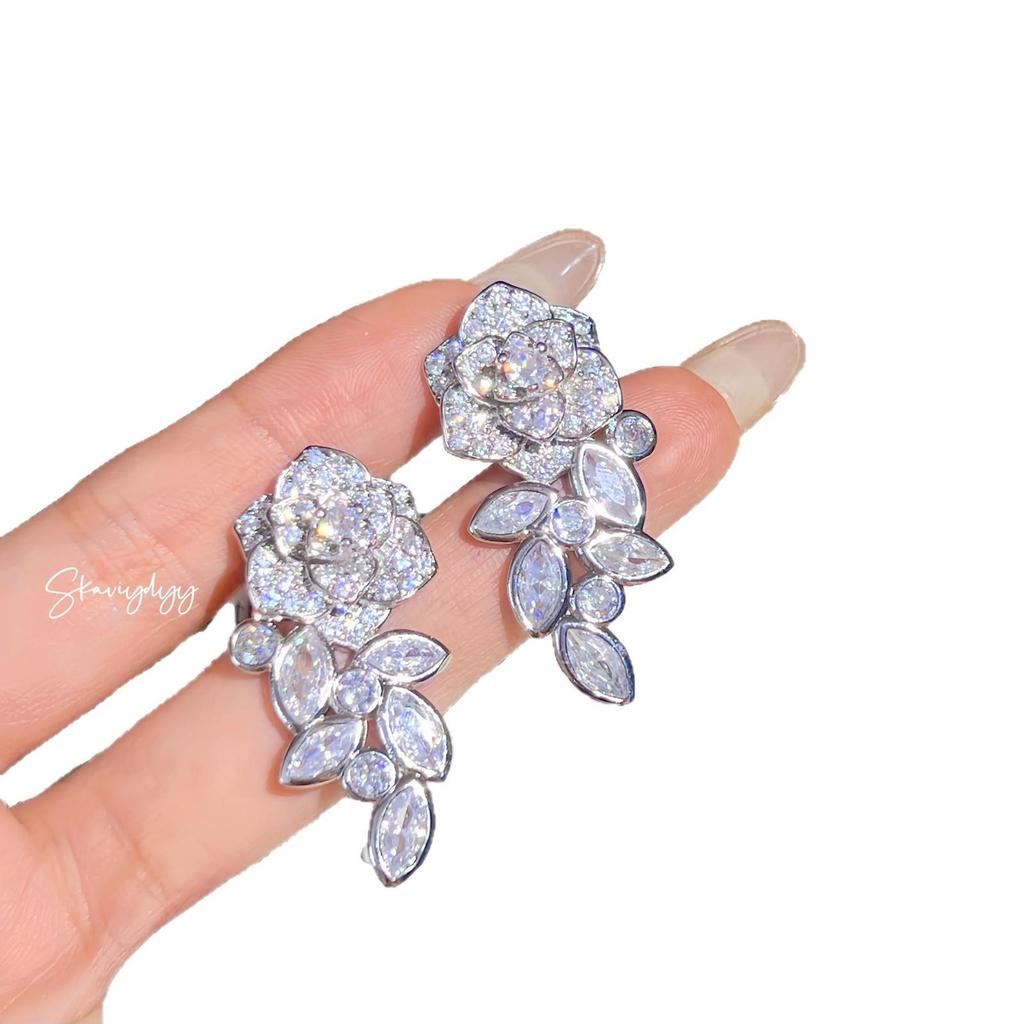 Italian High-End Camellia Earrings: Exquisite Three-Dimensional Design with Luxury Marquise-Cut Shiny Diamonds