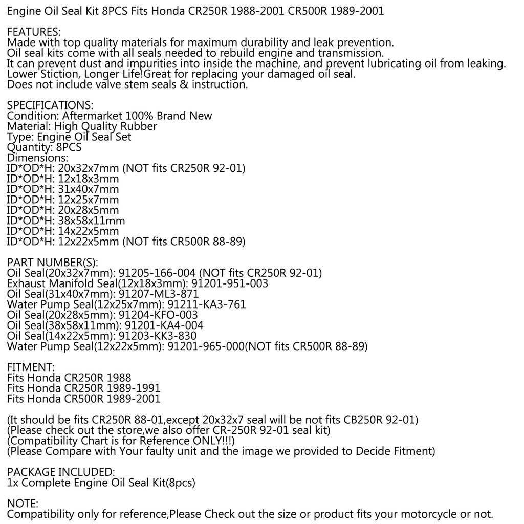 8 stücke Motor Öl Dichtung Kit Set für Honda CR250R 1988/1989-1991 CR500R 1989-2001