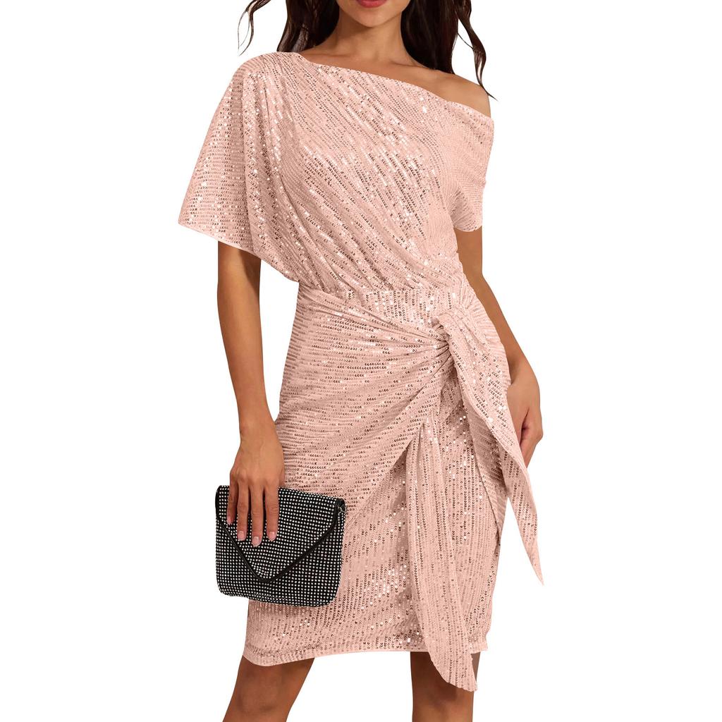 Fashionable Color Glitter Dress With Pleated Shoulder