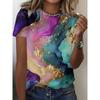 Fashionable Mixed Color Marble Print Round Neck Short-sleeved T-shirt