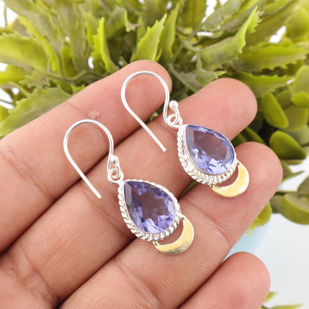 Iolite Gemstone 925 Sterling Silver Jewelry Handmade Hook Earrings 1.5" For Gift EE-162-9