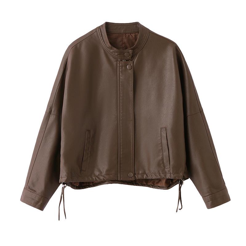 Women's Casual PU Leather Jacket with Stand Collar, Spring/Autumn 2025, Loose Fit, Small Size, XG9961