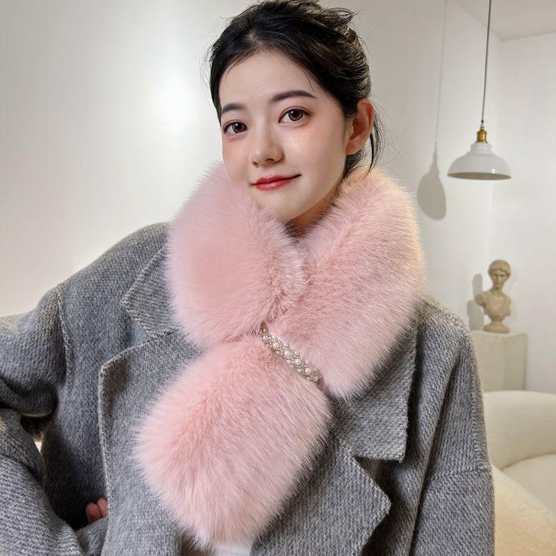 Women's Scarves Elegant Pearl-embellished Double-sided Faux Fox Fur Scarf - Warm Thickened Autumn/winter Women's Neck Warmer
