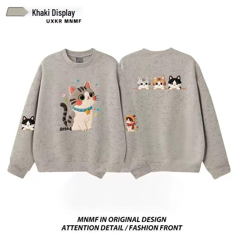 Girls' Tie-Dye Crewneck Sweatshirt with Cartoon Cat - Fleece-Lined for Spring and Autumn 2025, Medium & Large Sizes