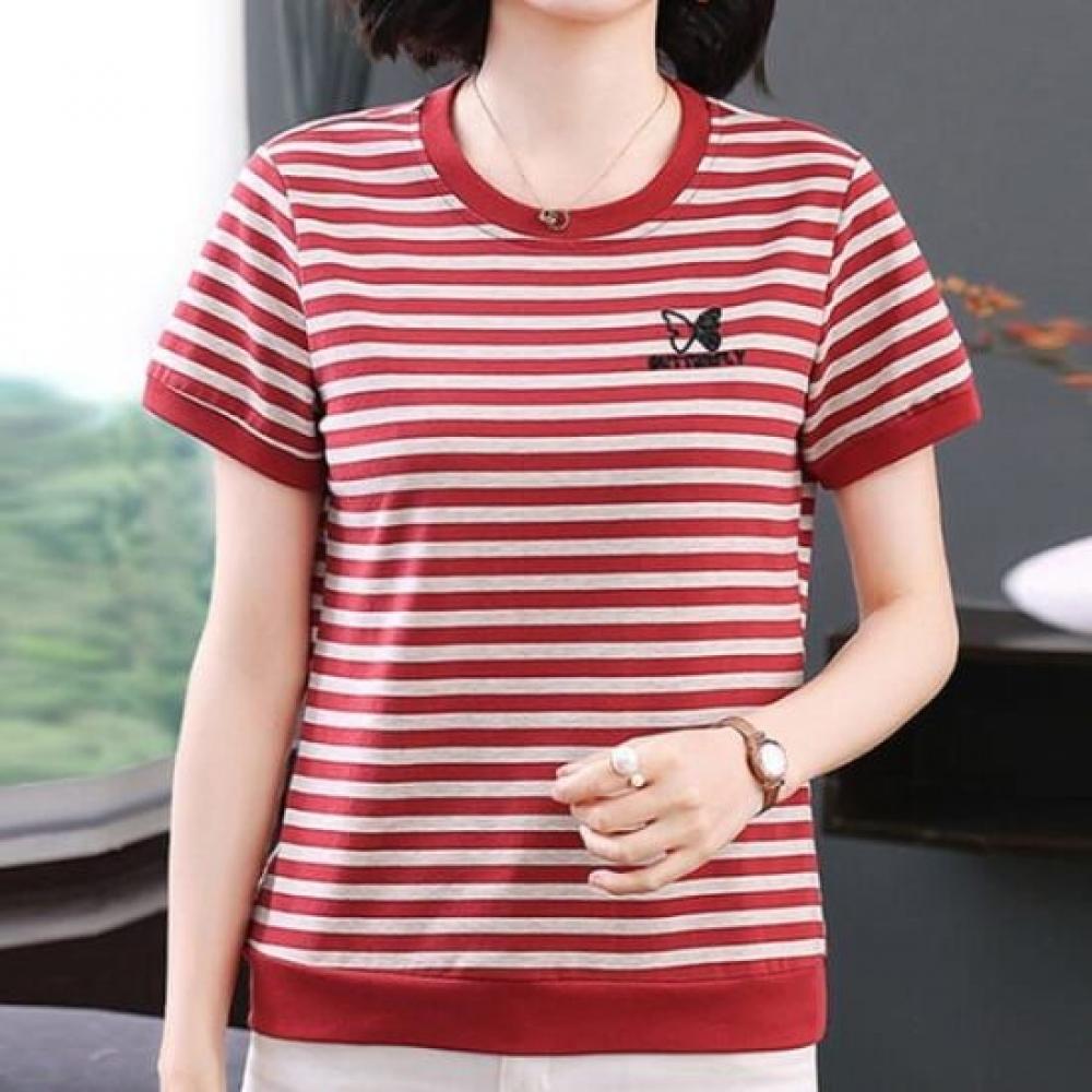 Navava NT2379 BuTTerfly Embroidery PoinT STripe ShorT Sleeve T shirT