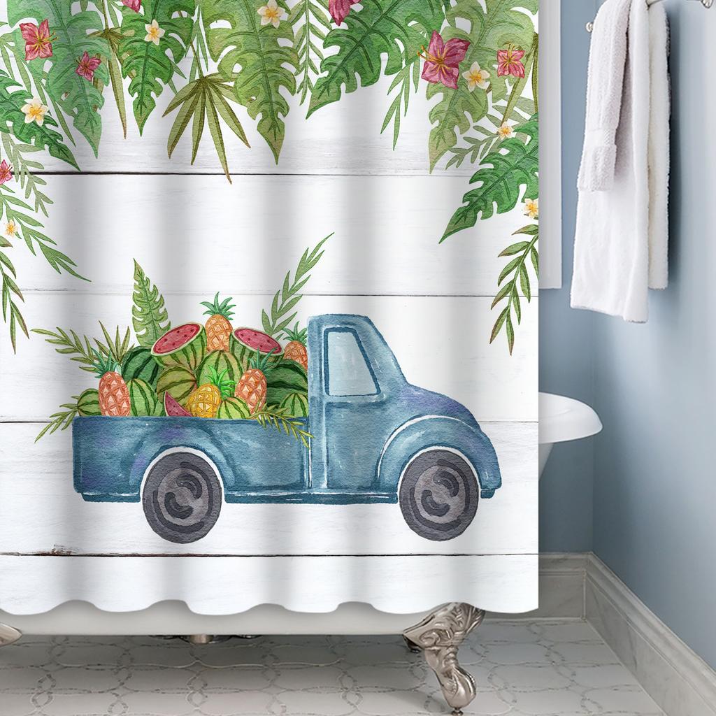 Summer Watermelon Truck Shower Curtain Tropical Palm Leaves Home Kitchen Bath Partition Waterproof Hanging Curtain With Hooks