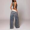 2026 Retro Street Style Washed Blue Denim Women's Pants with Unique Back-bend Design