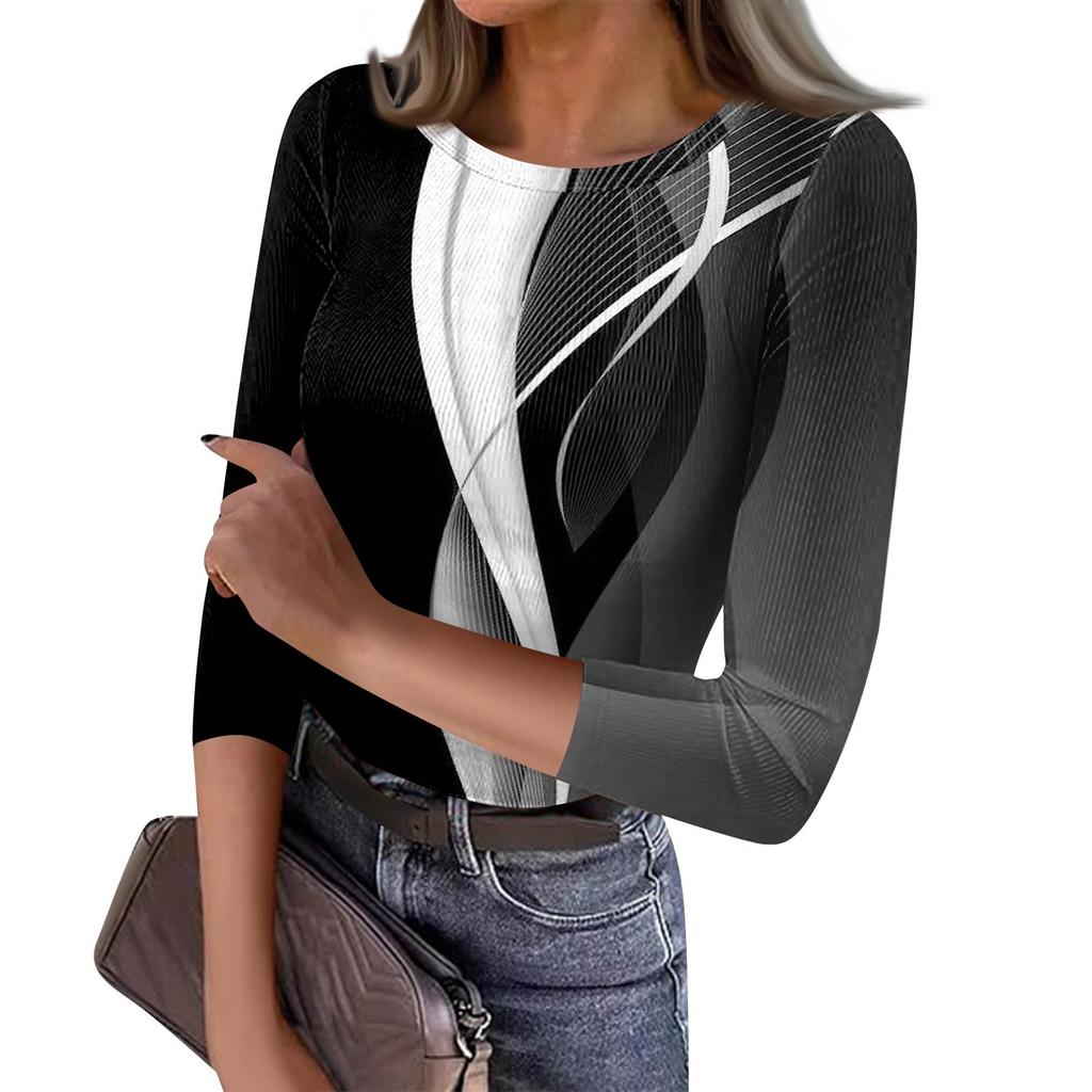 Women's Slim Bottom T-shirt Fashion Casual Printed Round Neck Pullover Seven Sleeve Top