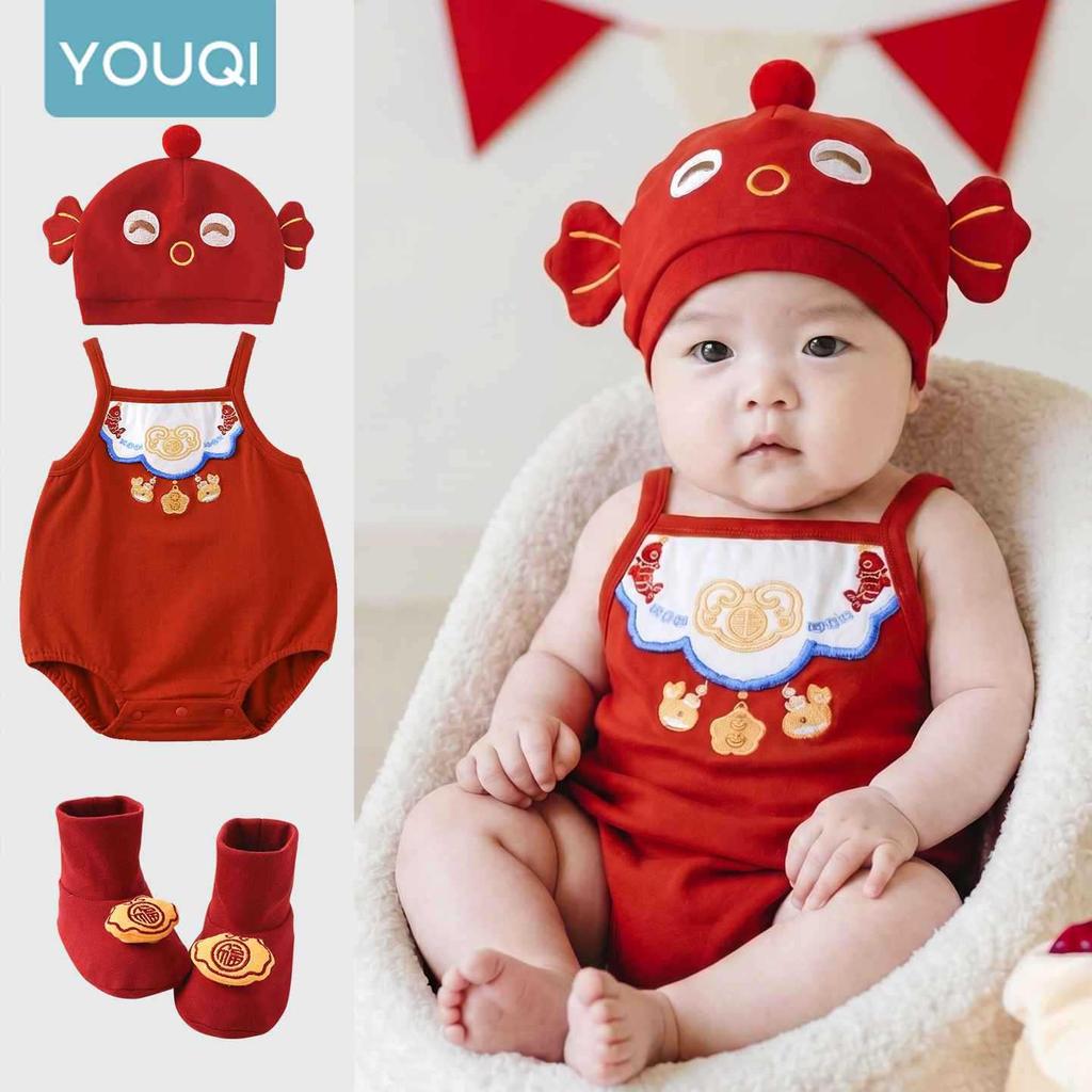 Youqi Festive Red Romper for Newborns – First Birthday & 100 Days Celebration