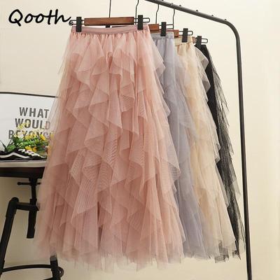 Women Tulle Cake Mesh Skirt Elegant Elastic Waist Fairy Long A-line Tutu Skirt For Spring Summer QT2138